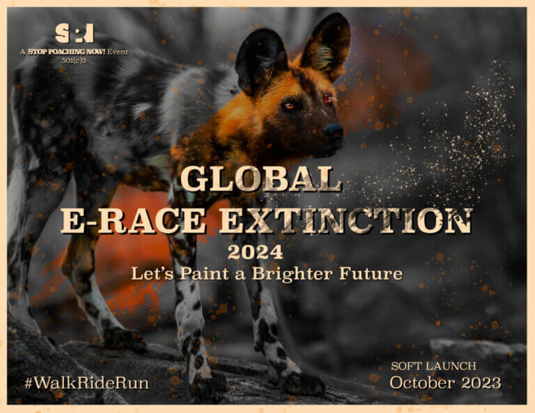 Global E-Race Extinction 2024 invitation featuring an African wild dog.