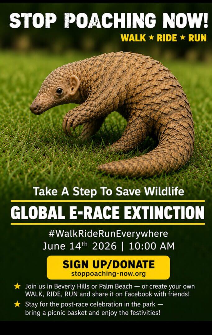 Pangolin on grass beneath a Stop Poaching Now walk, ride and run invitation.